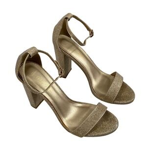 Womens Gold Glitter Ankle Strap Block Heels Size 8 Open Toe‎ Sandals Dress Shoes